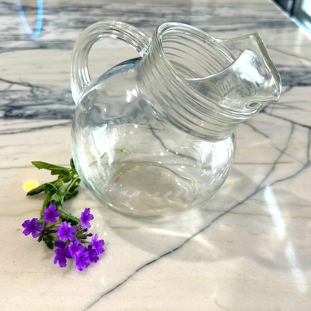 Vintage Clear Etched Glass Tilt Ball Pitcher, Etched Glass Pitcher laurel design